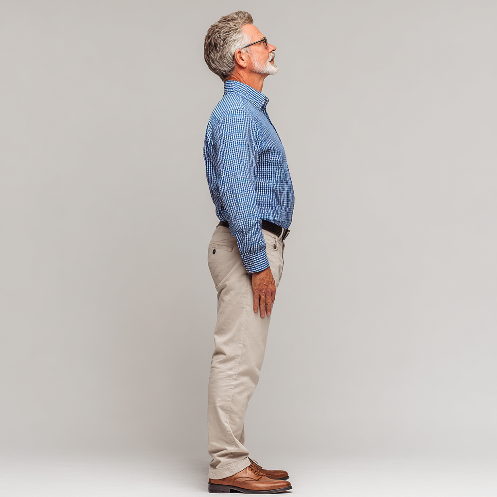Middle-aged person demonstrating proper posture and body alignment
